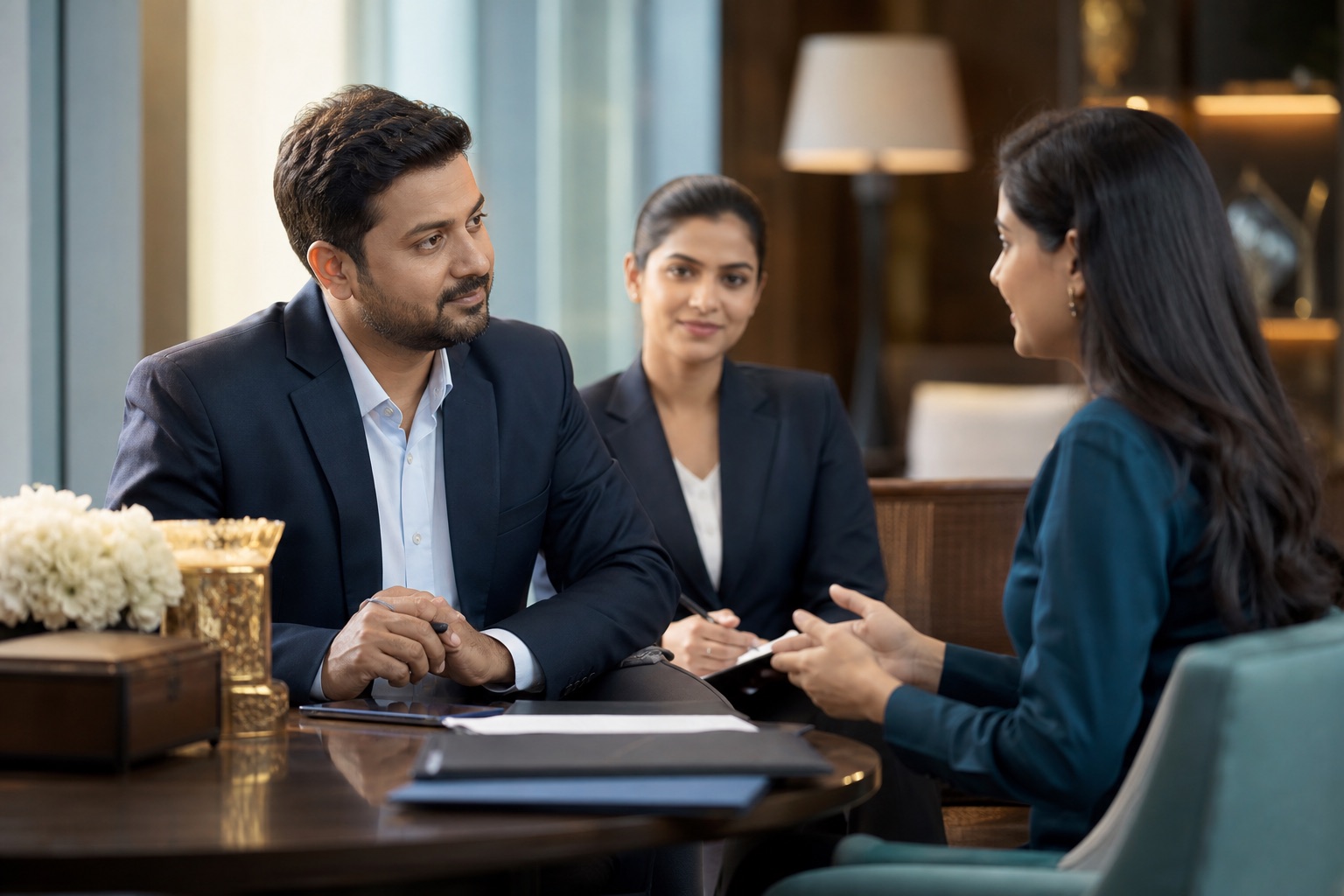 Business professionals listening to a customer