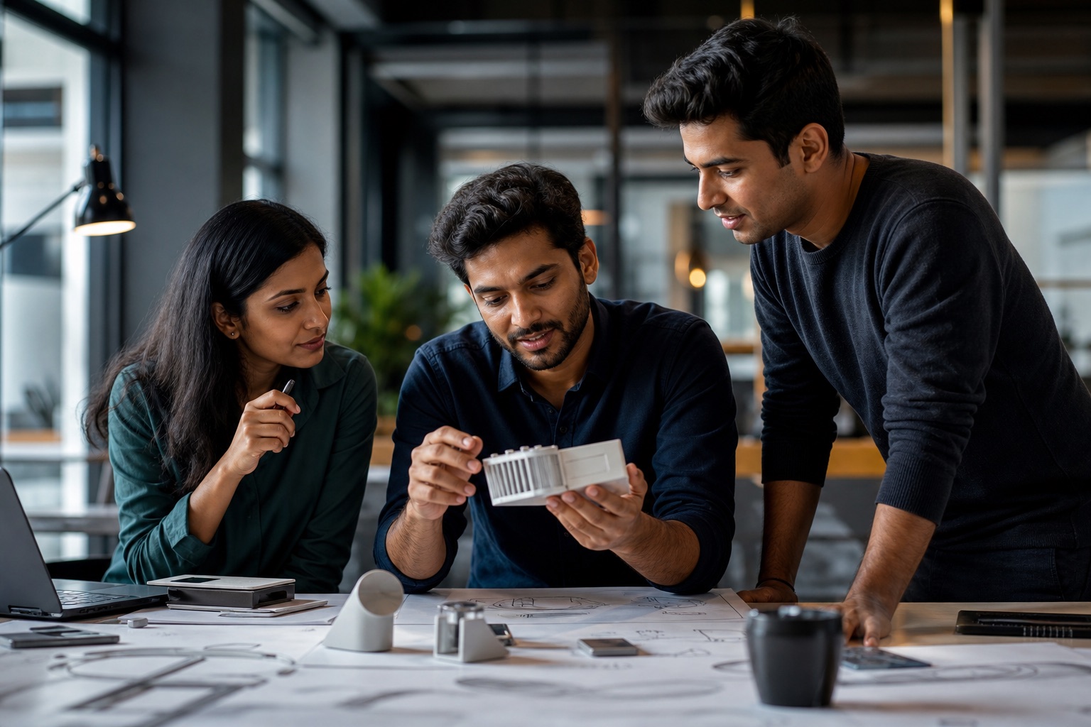 Professionals collaborating on a product innovation