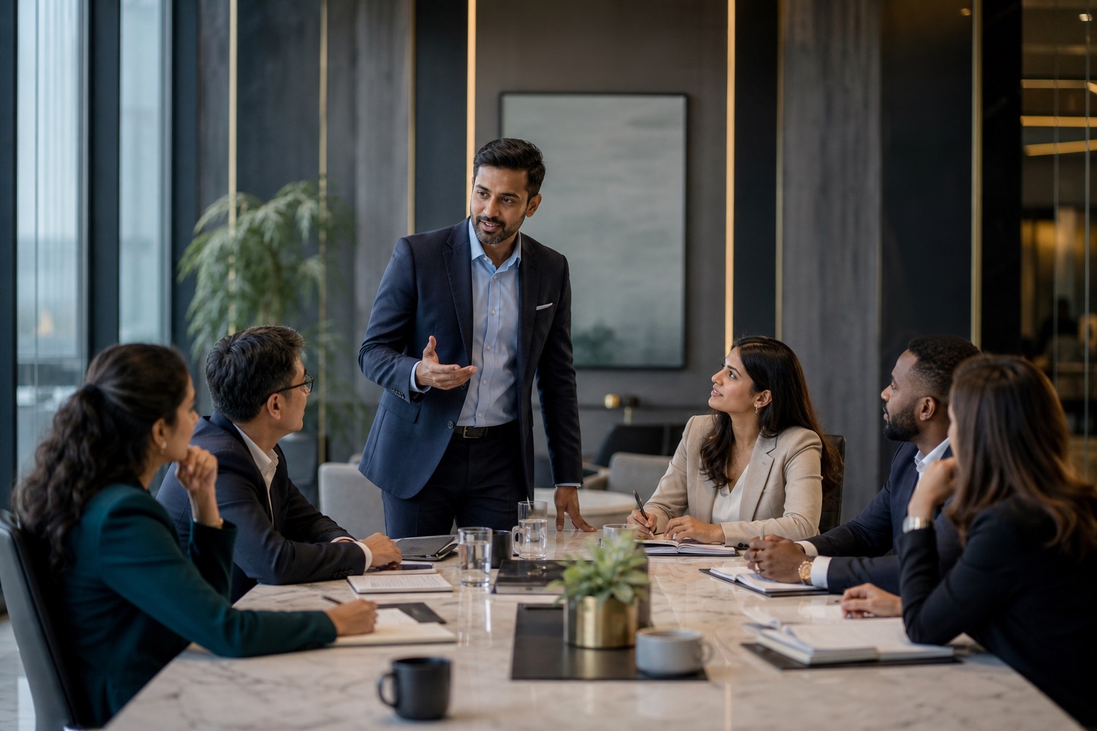 Business leader guiding a collaborative team discussion